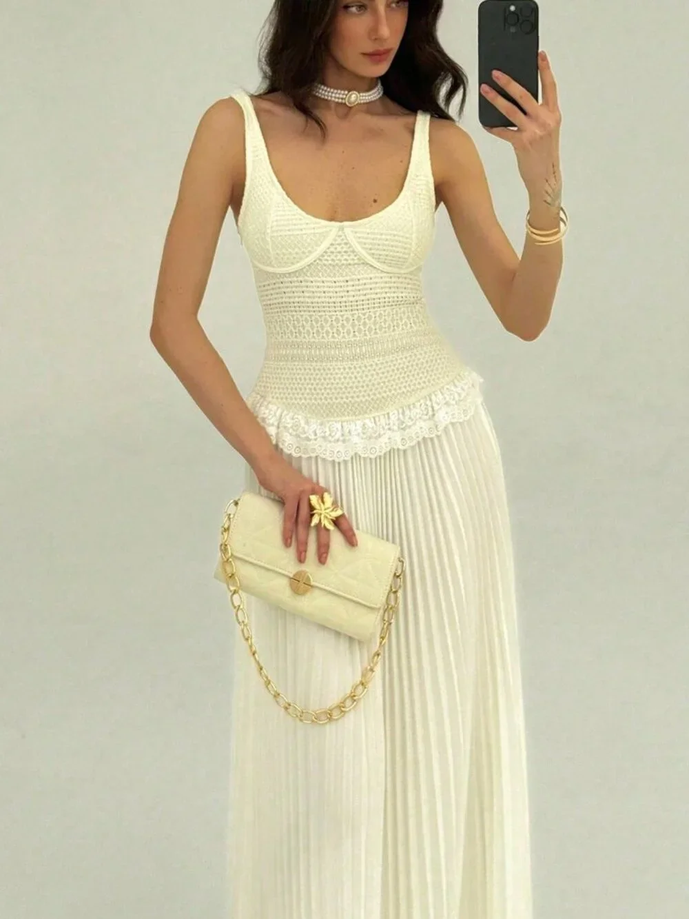 Beige Elegant Women's Fitted Sexy Low-Cut Pleated Lace Trim Maxi Dress - Picture 5 of 6